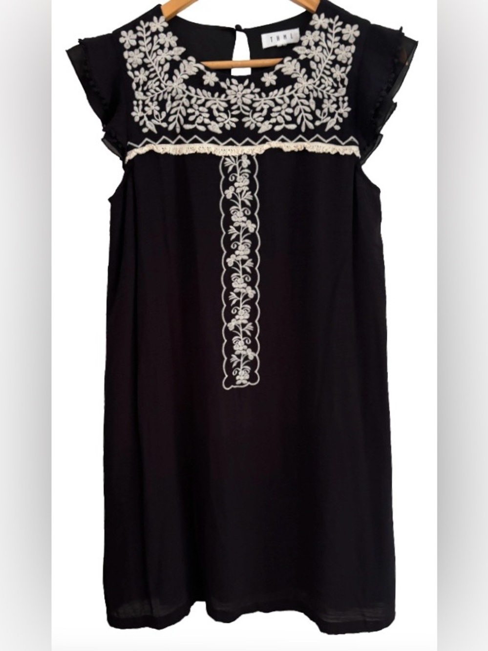 THML blk w wht embr flttr slvs mini drss SZ S peasantcore cottagecore